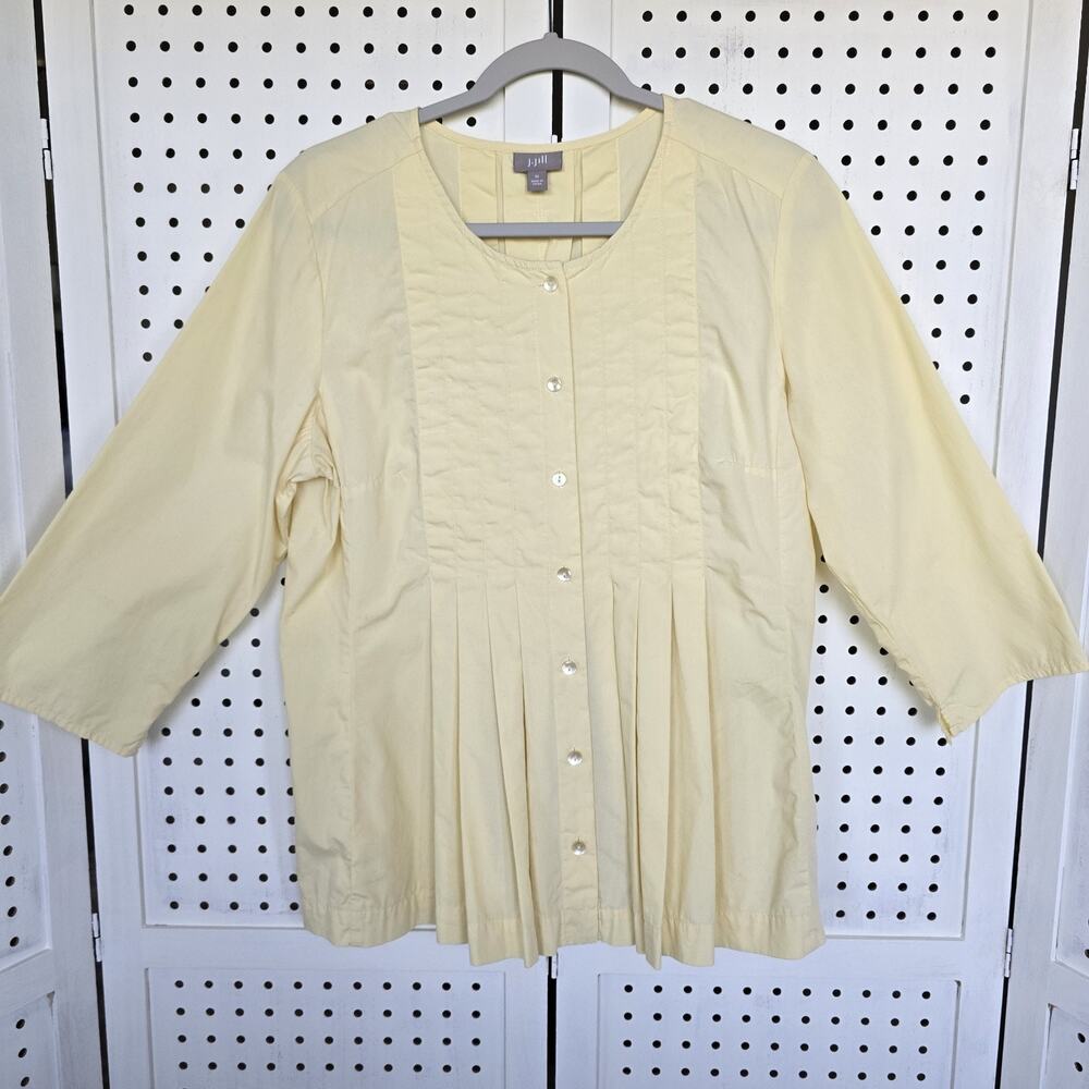 J Jill Pintuck Pleated Yellow Button Front 3/4 Sleeve Top Womens SIZE M